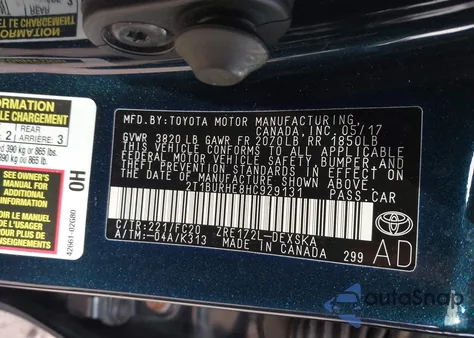 2017 Toyota Corolla Se from USA, damaged, VIN 2T1BURHE8HC929131